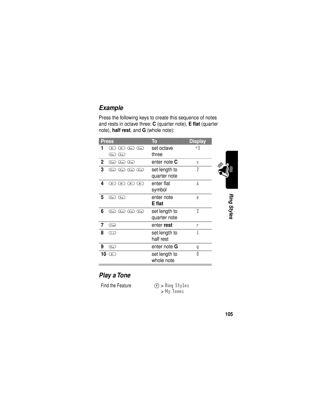 Motorola C331 manual Example, Play a Tone, Enter note, ﬂat, 105 