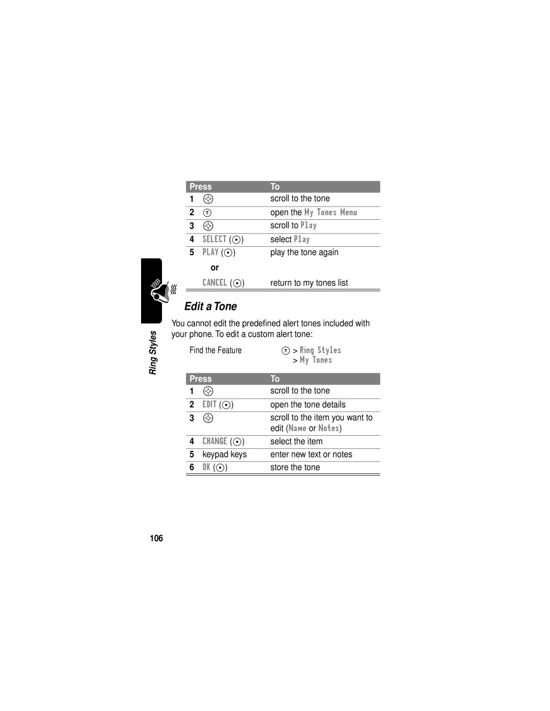 Motorola C331 manual Edit a Tone, 106 