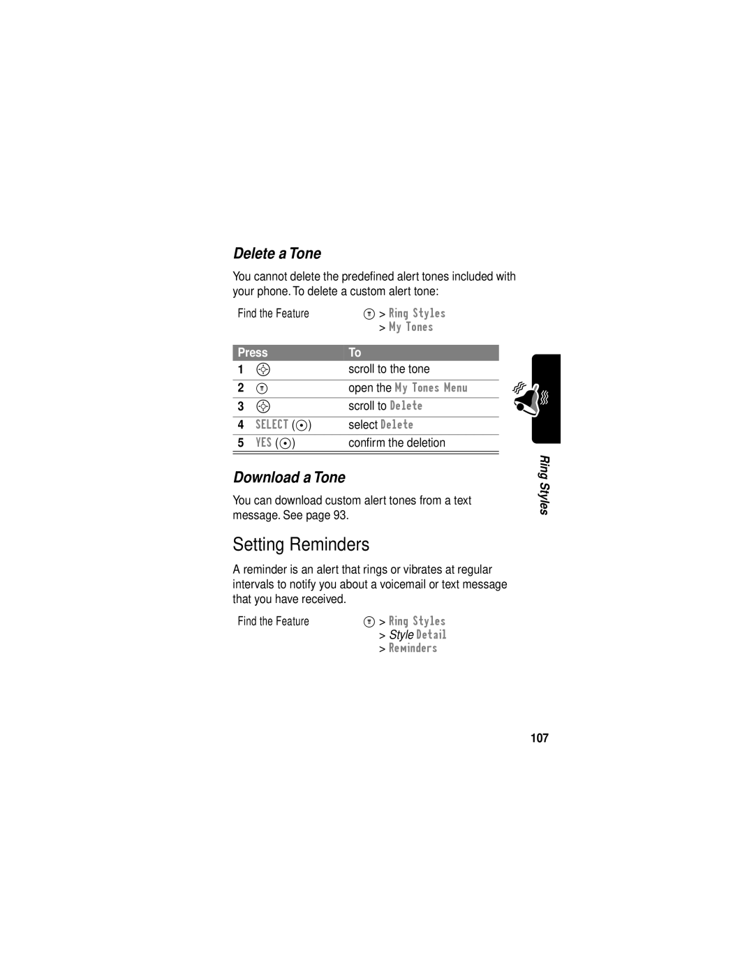 Motorola C331 manual Setting Reminders, Delete a Tone, Download a Tone, 107 