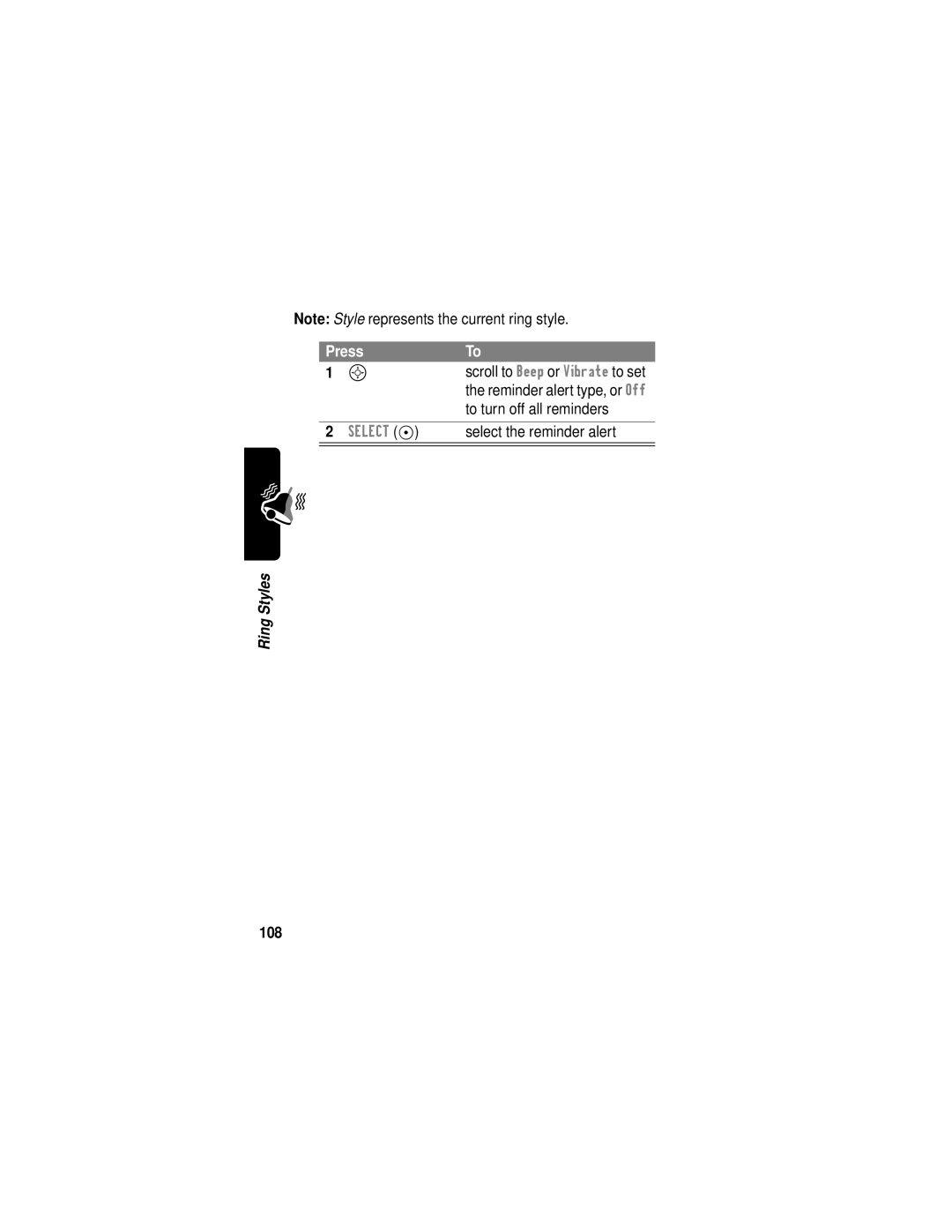 Motorola C331 manual To turn off all reminders, Select the reminder alert, 108 