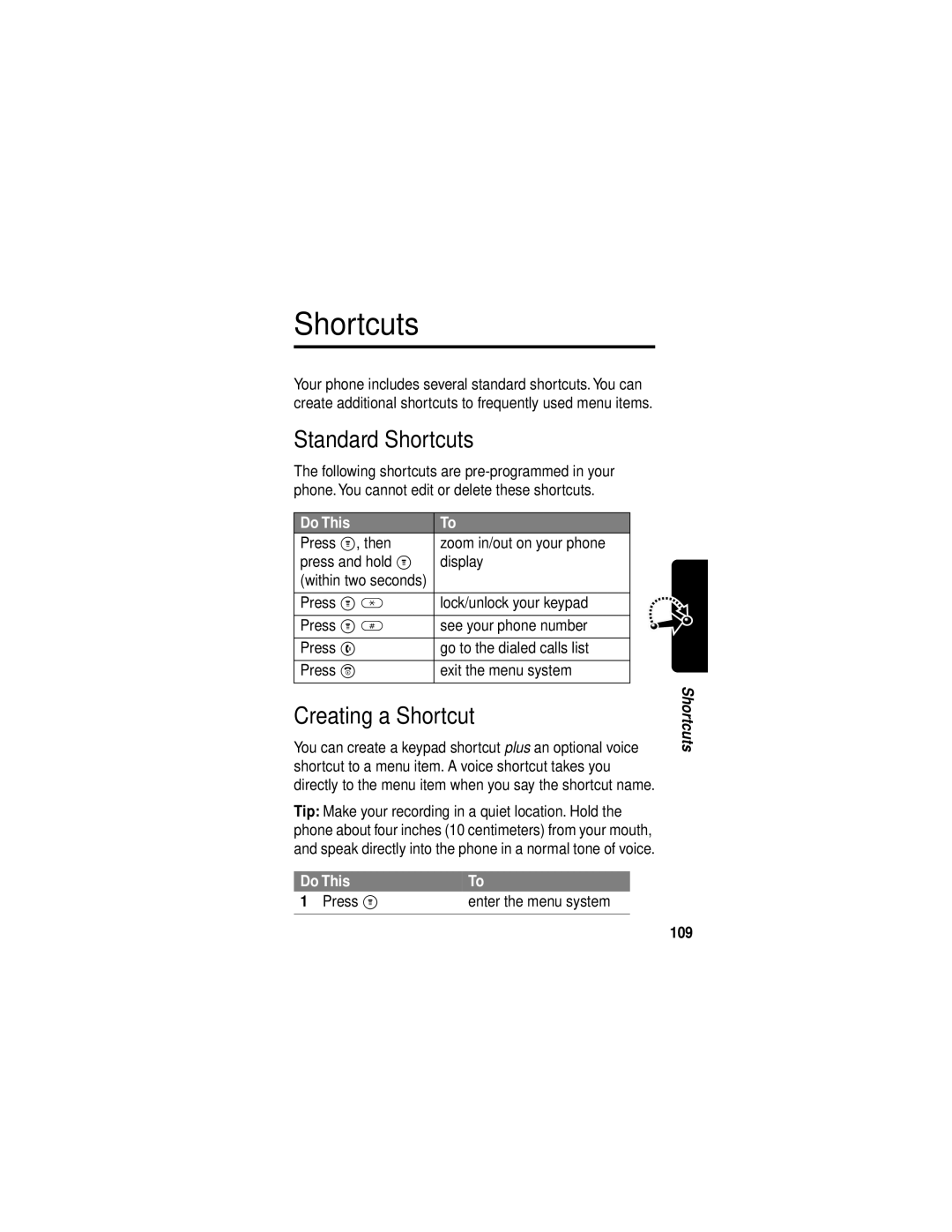 Motorola C331 manual Standard Shortcuts, Creating a Shortcut, Do This Press M Enter the menu system, 109 