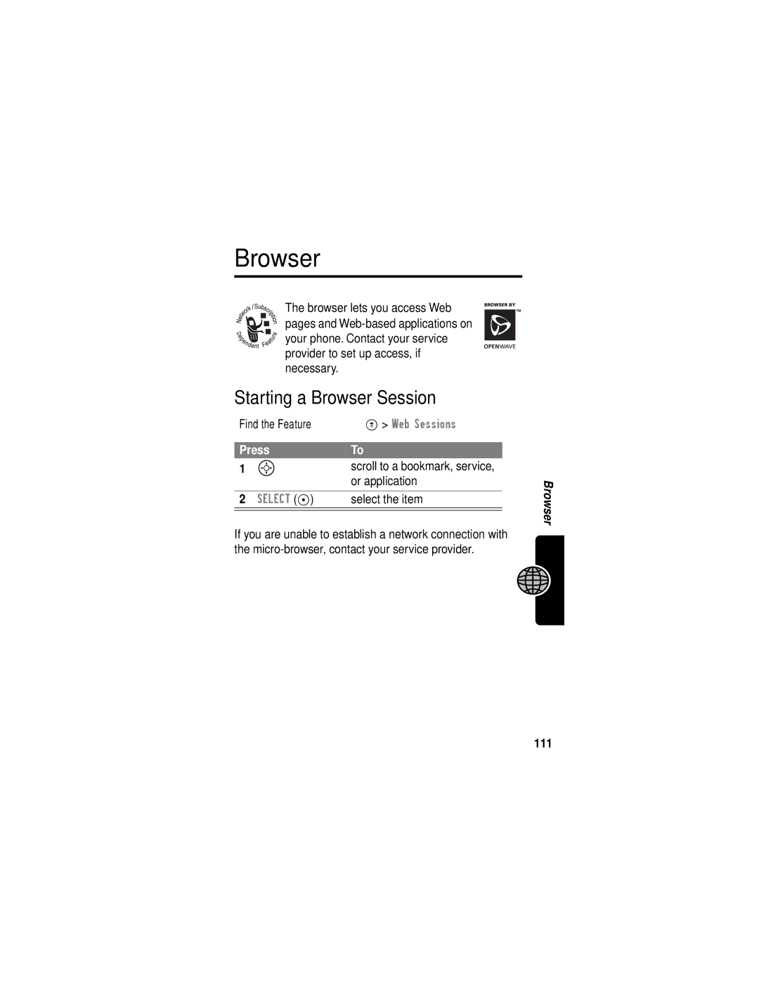 Motorola C331 manual Starting a Browser Session, Or application, 111 