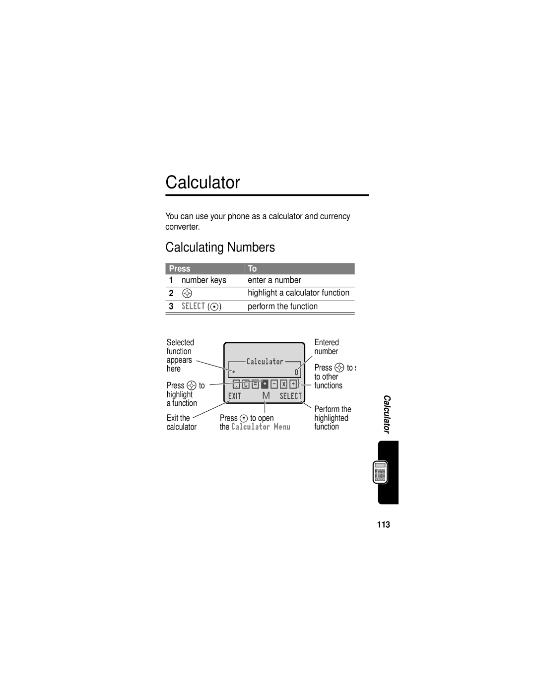 Motorola C331 manual Calculator, Calculating Numbers, 113 