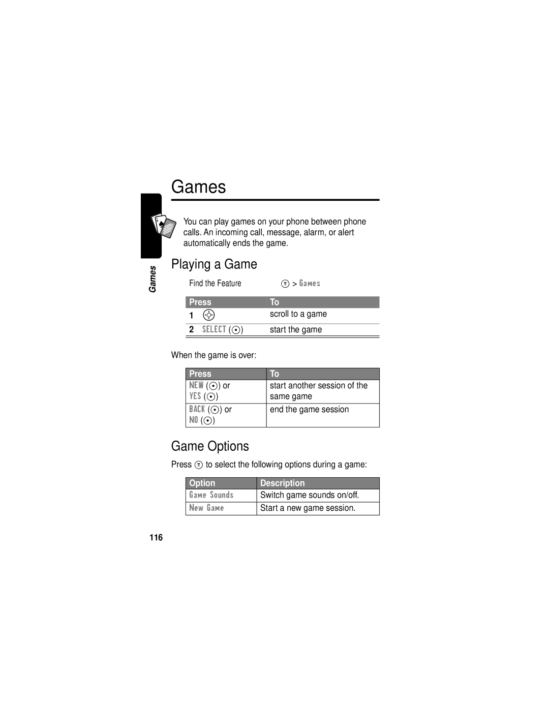 Motorola C331 manual Games, Playing a Game, Game Options, 116 