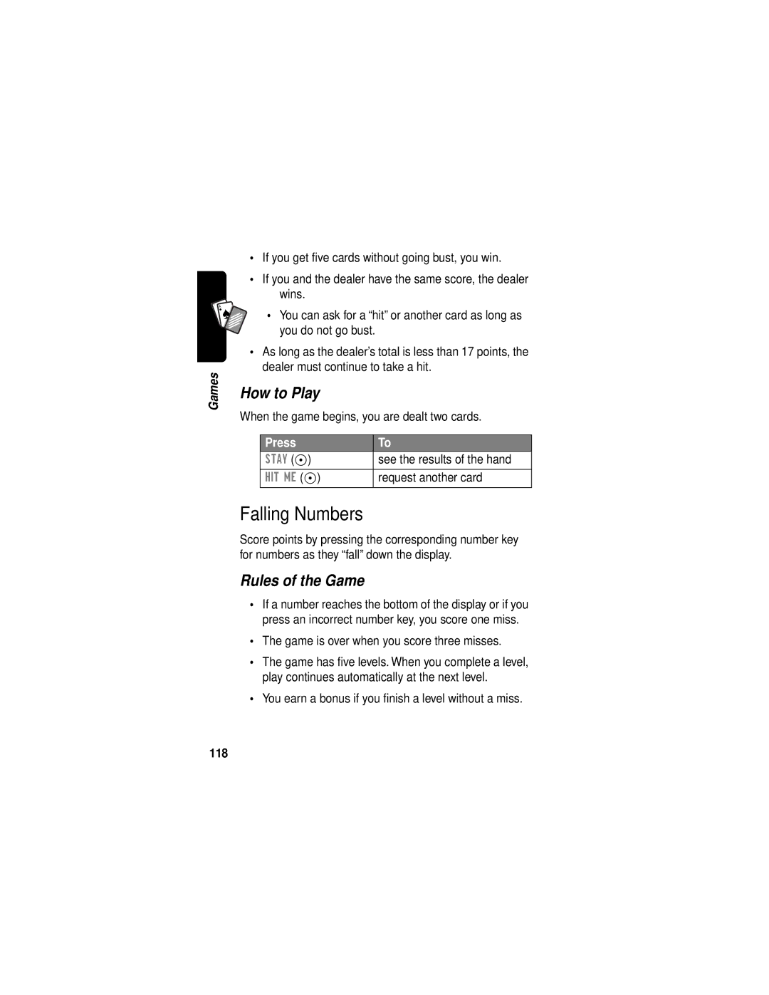 Motorola C331 manual Falling Numbers, How to Play, 118 