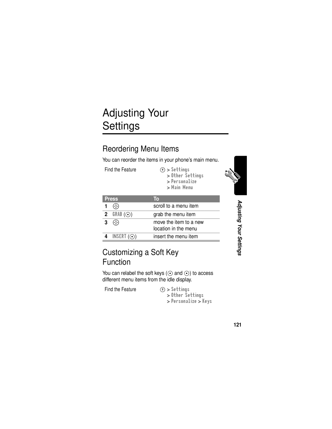 Motorola C331 manual Adjusting Your Settings, Reordering Menu Items, Customizing a Soft Key Function, 121 