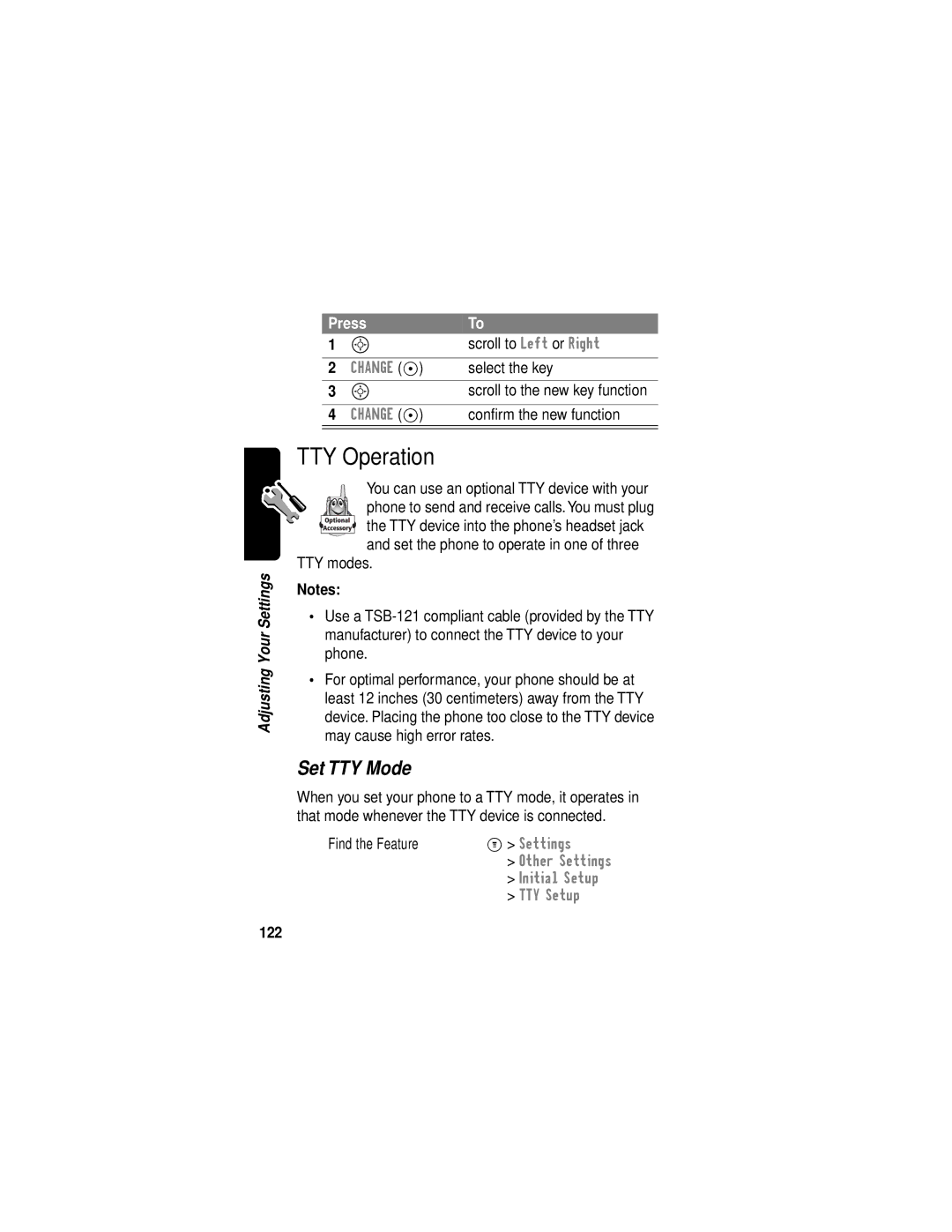 Motorola C331 manual TTY Operation, Set TTY Mode, 122 