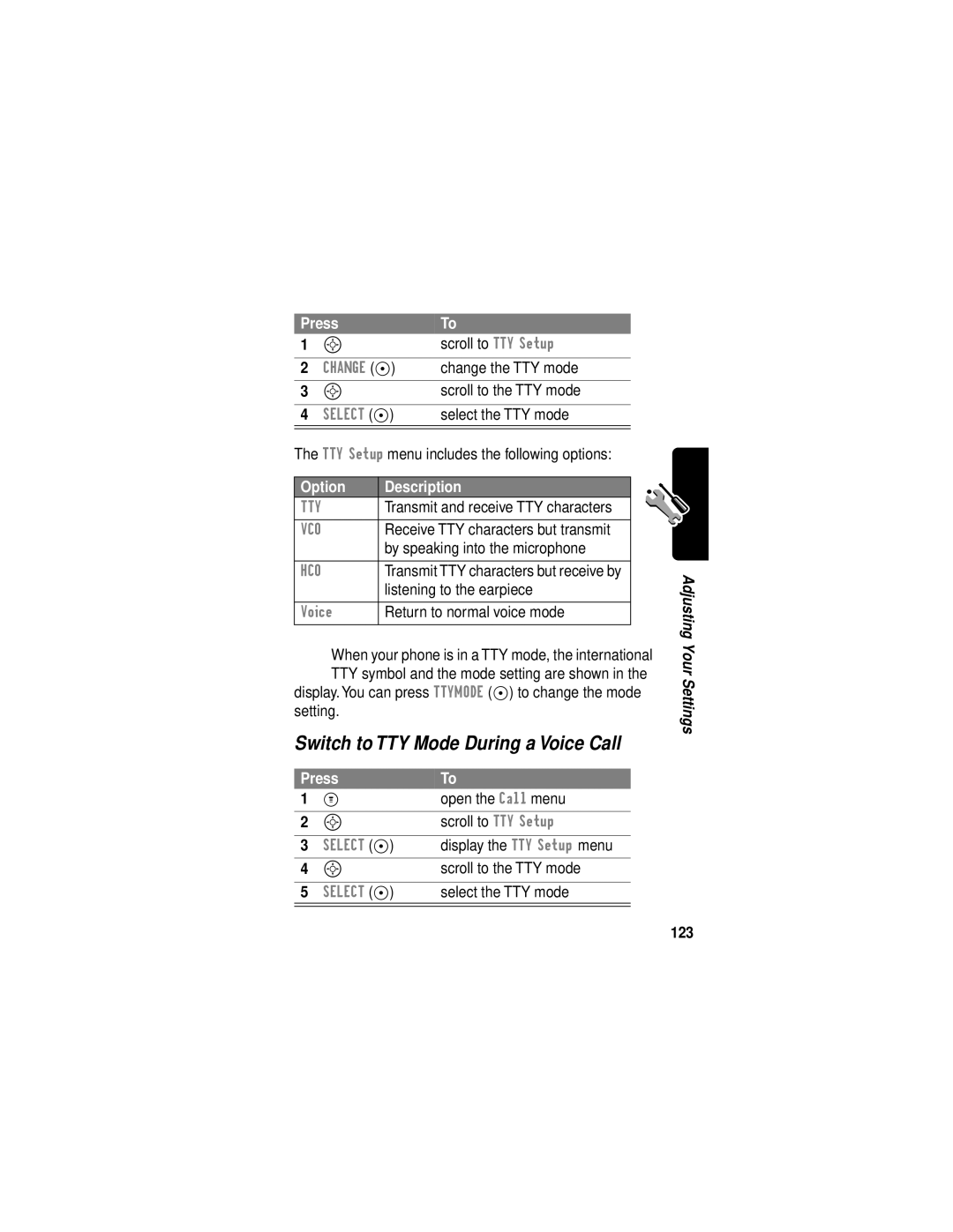 Motorola C331 manual Switch to TTY Mode During a Voice Call, 123 