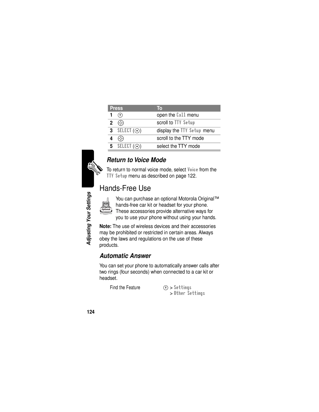 Motorola C331 manual Hands-Free Use, Return to Voice Mode, Automatic Answer, 124 