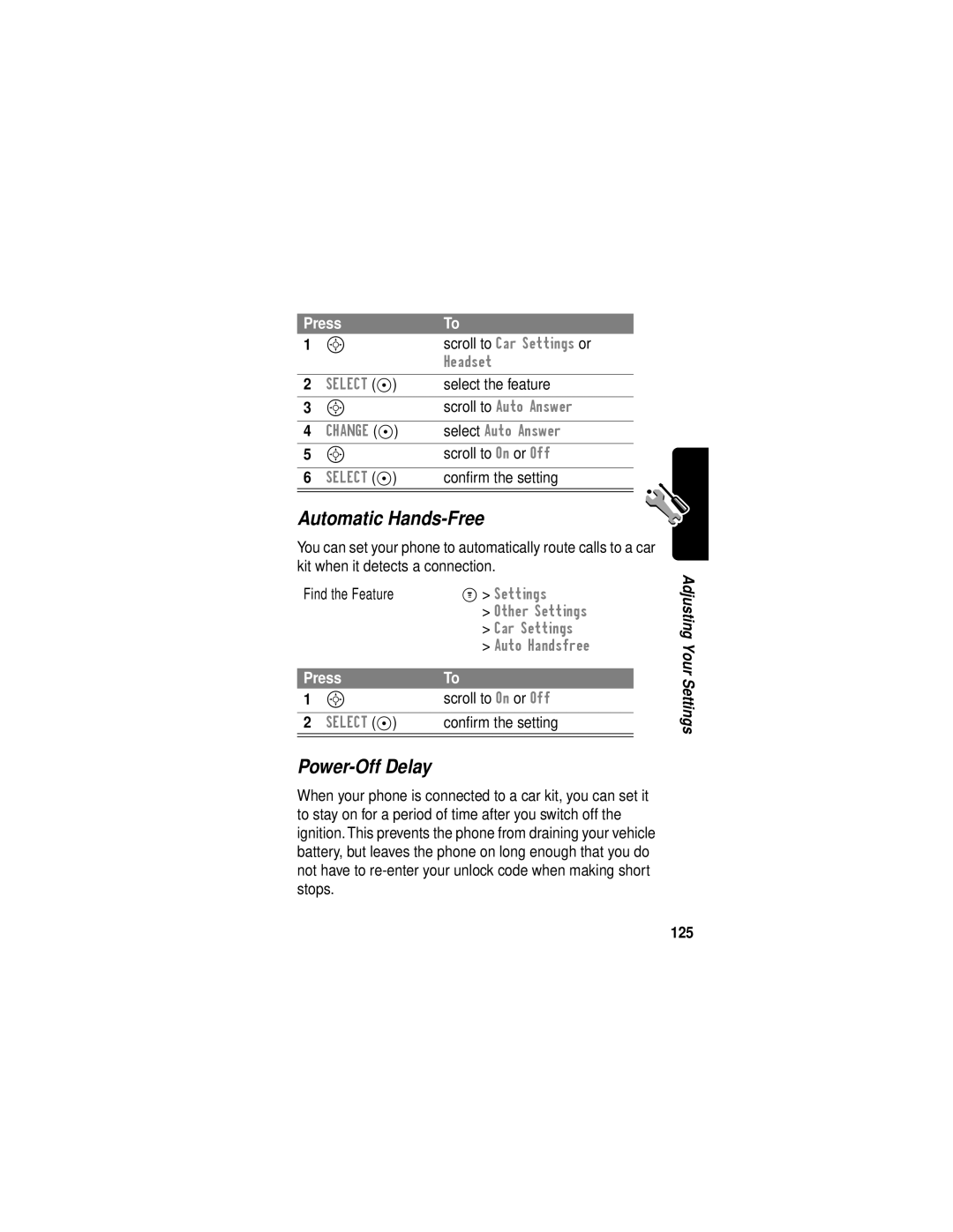 Motorola C331 manual Automatic Hands-Free, Power-Off Delay, Select the feature, Conﬁrm the setting, 125 