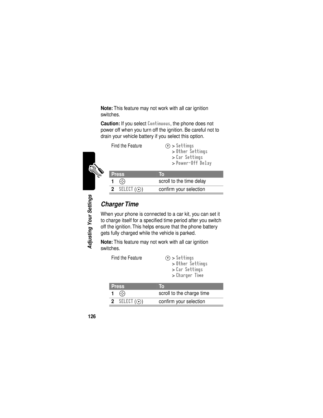 Motorola C331 manual Charger Time, Scroll to the time delay, Conﬁrm your selection, Scroll to the charge time, 126 