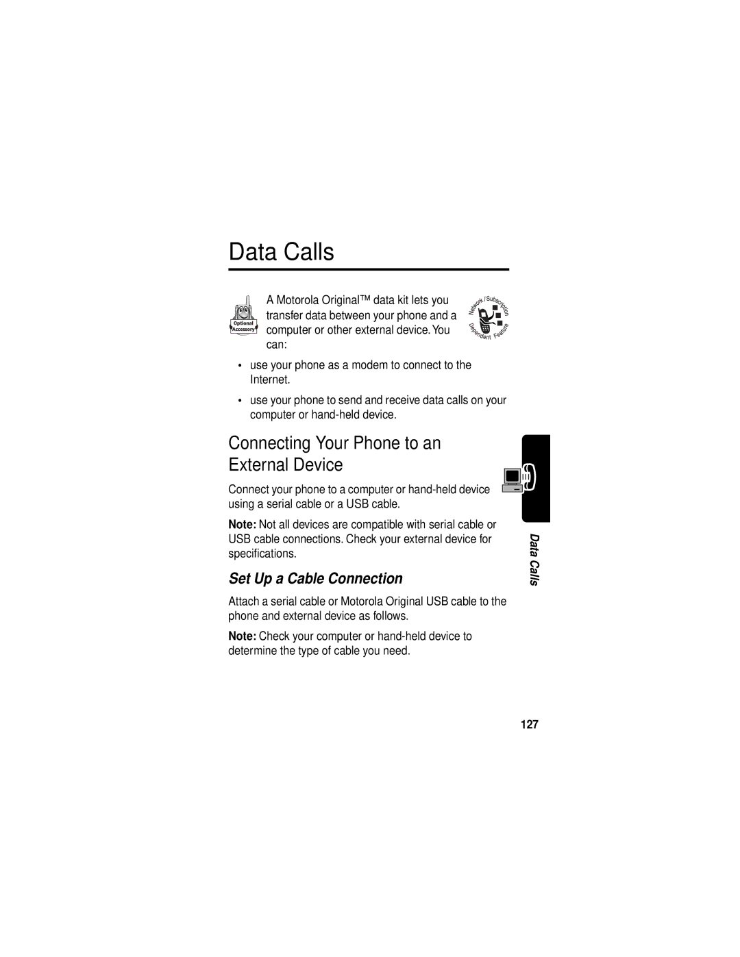 Motorola C331 manual Data Calls, Connecting Your Phone to an External Device, Set Up a Cable Connection, 127 