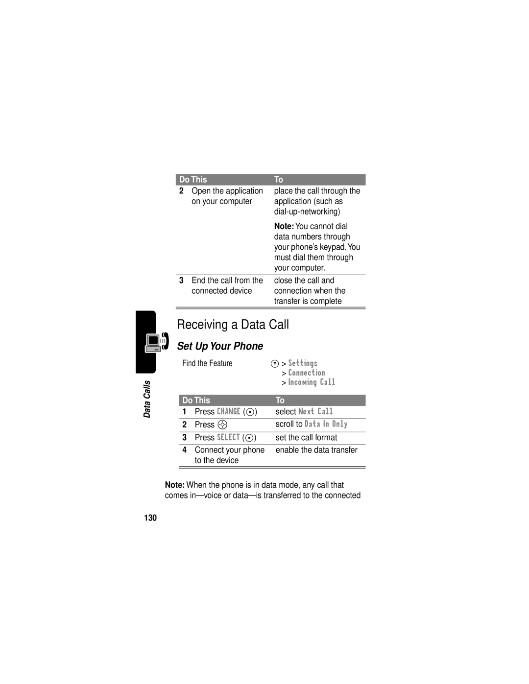 Motorola C331 manual Receiving a Data Call, Set Up Your Phone, 130 