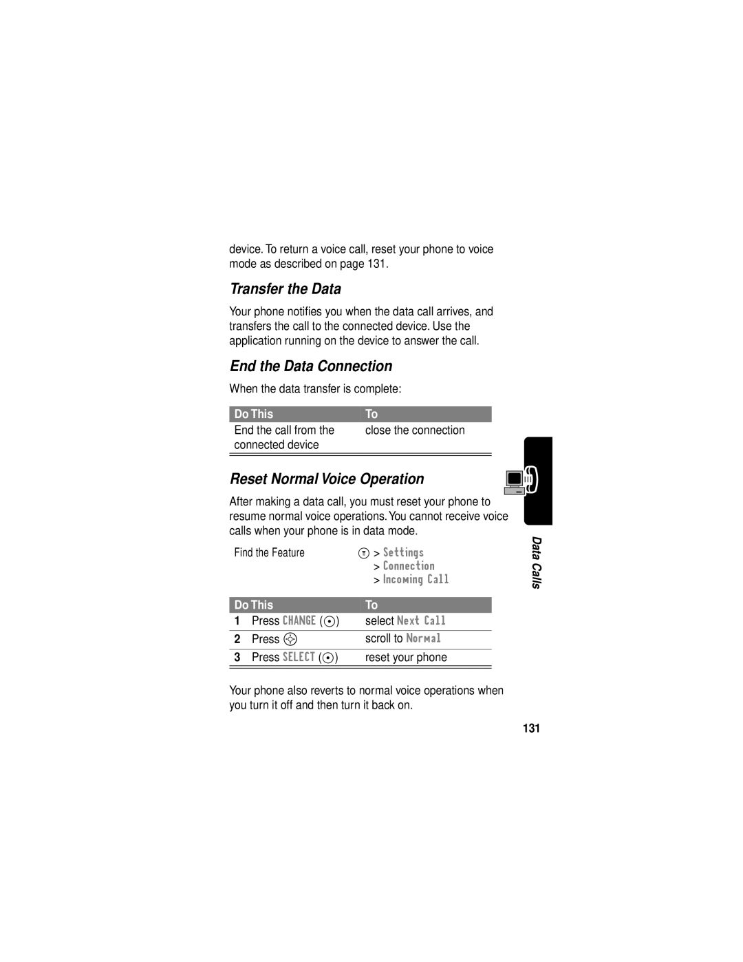 Motorola C331 manual Transfer the Data, End the Data Connection, Reset Normal Voice Operation, 131 