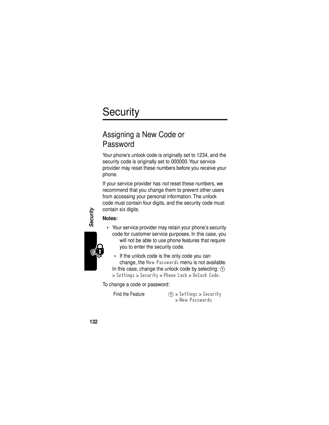 Motorola C331 manual Security, Assigning a New Code or Password, 132 