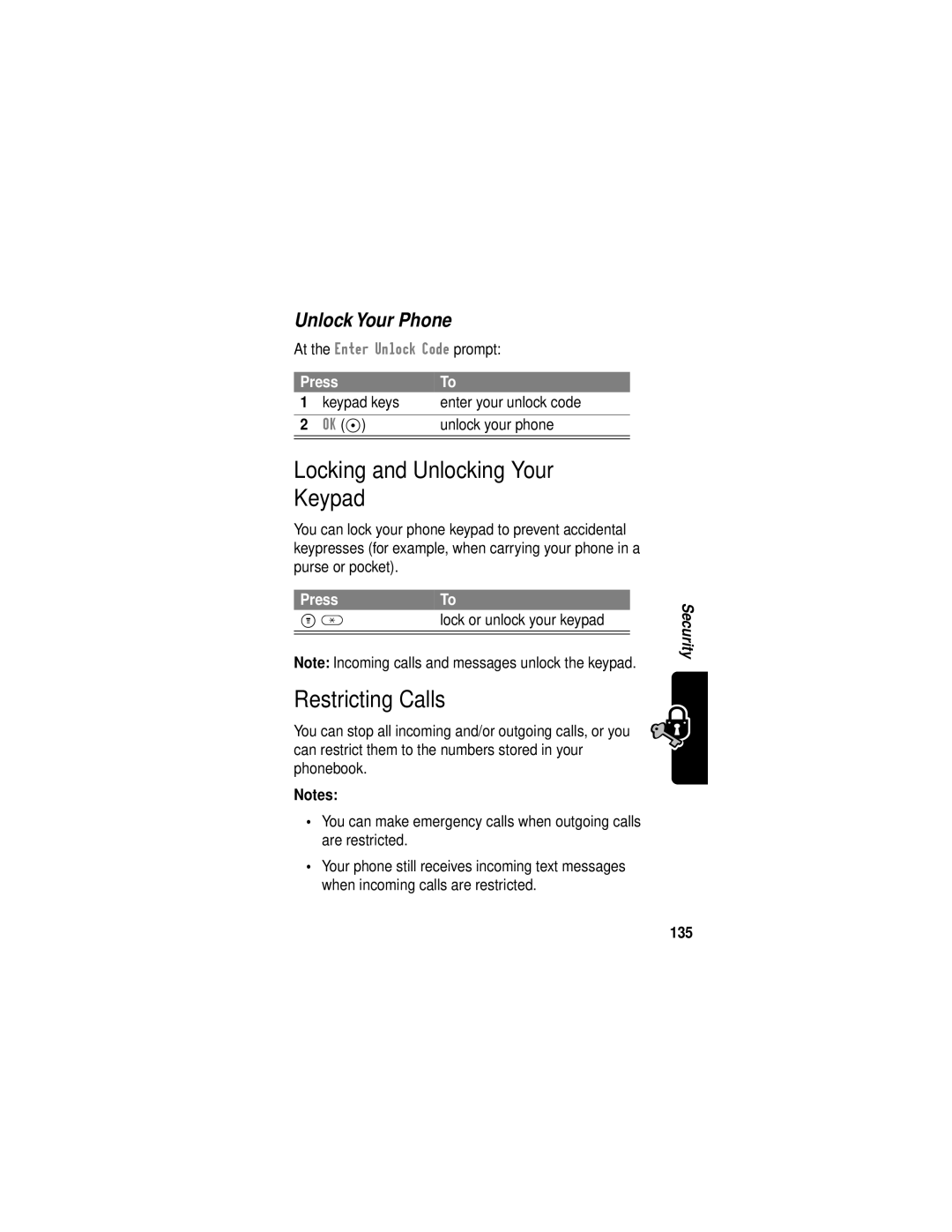 Motorola C331 Locking and Unlocking Your Keypad, Restricting Calls, Unlock Your Phone, Press Lock or unlock your keypad 