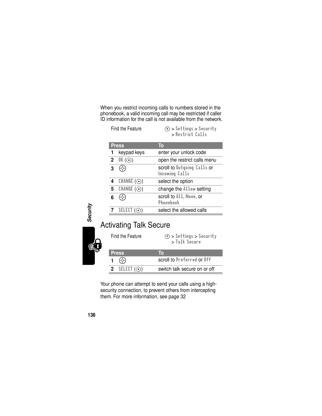 Motorola C331 manual Activating Talk Secure, 136 