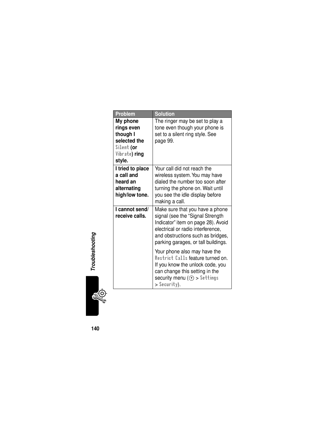 Motorola C331 Rings even, Though, Selected, Style, Call, Heard an, Alternating, High/low tone, Cannot send, Receive calls 