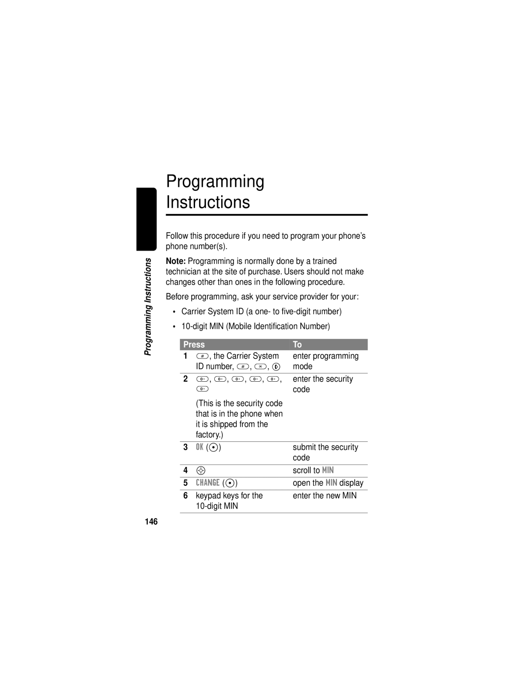 Motorola C331 Programming Instructions, Submit the security, Scroll to MIN, Keypad keys for Enter the new MIN Digit MIN 