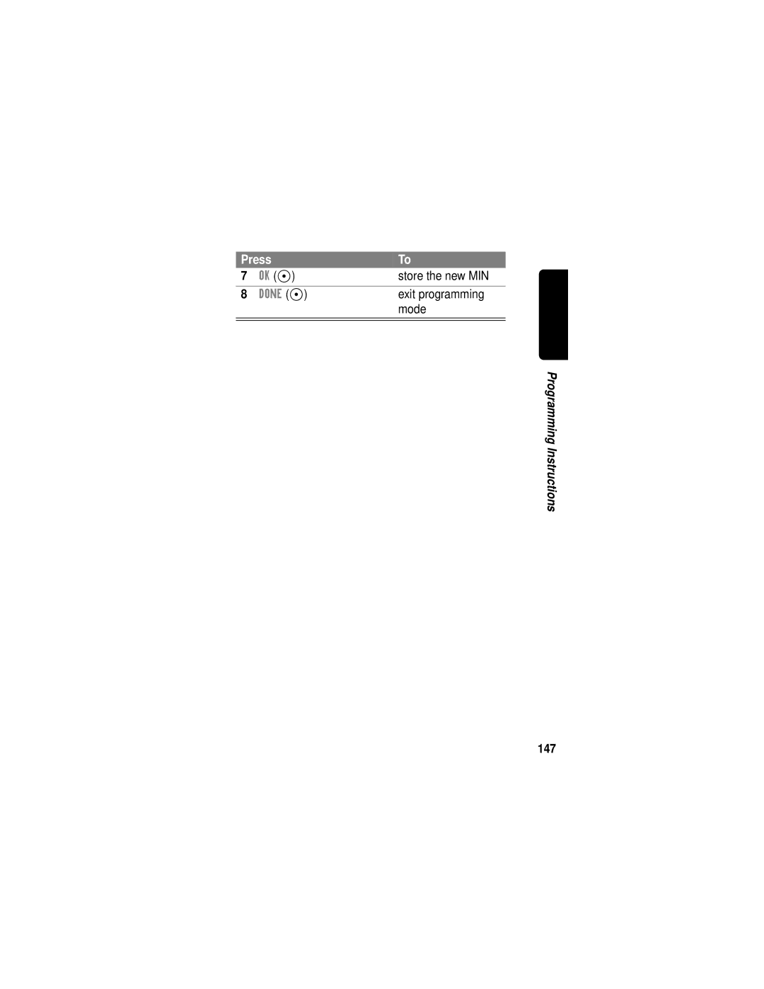 Motorola C331 manual Store the new MIN, Exit programming, 147 