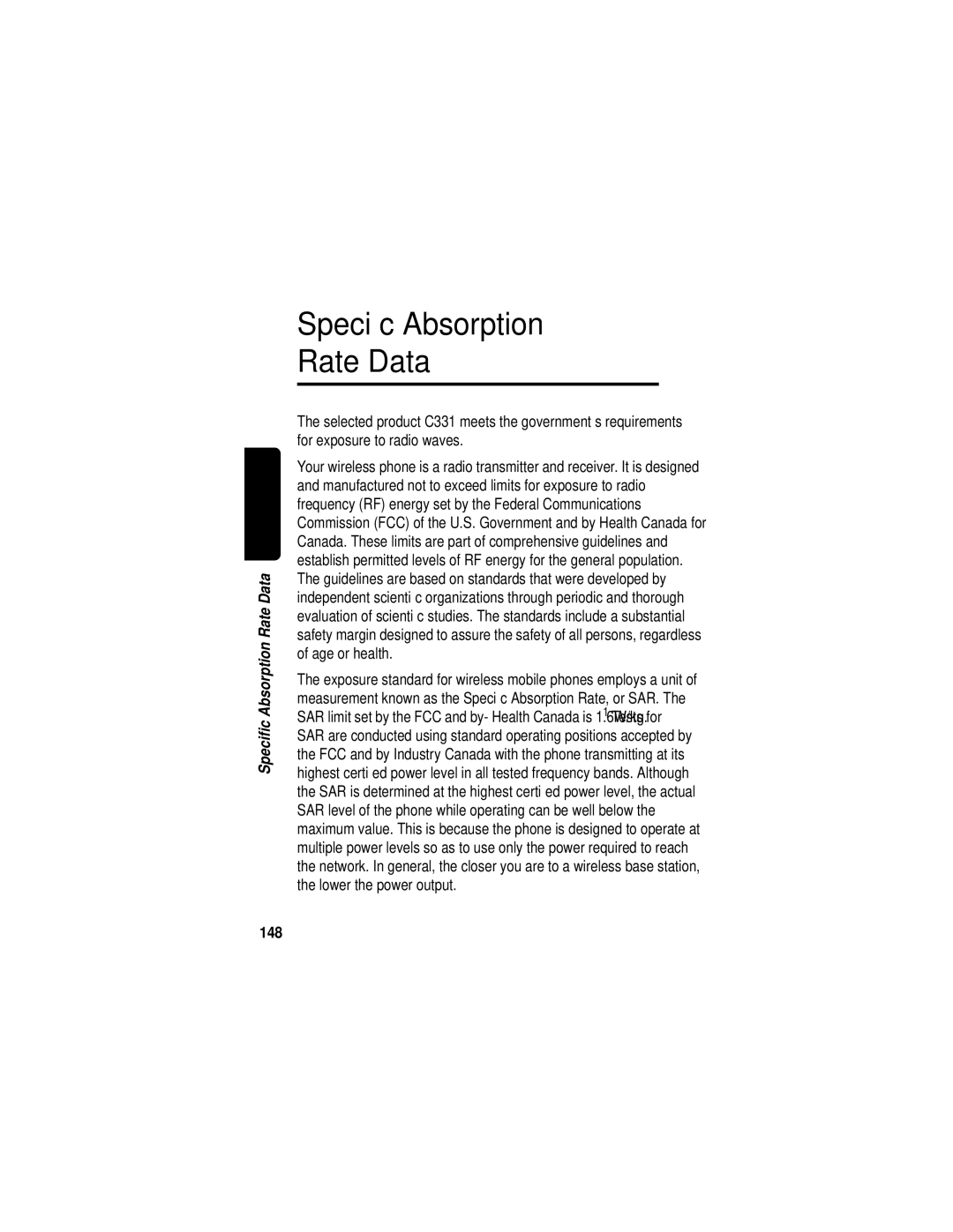 Motorola C331 manual Speciﬁc Absorption Rate Data, 148 