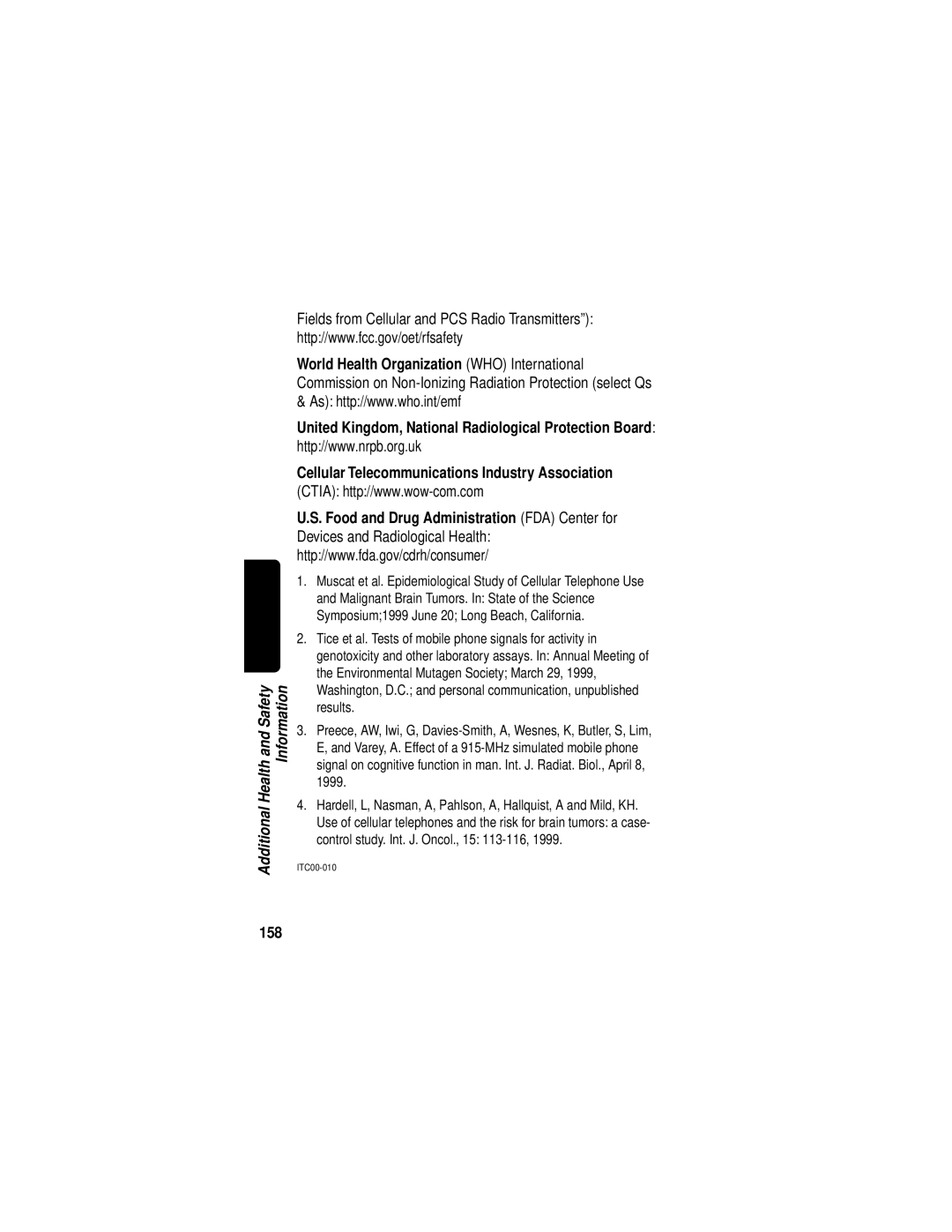 Motorola C331 manual Fields from Cellular and PCS Radio Transmitters, Food and Drug Administration FDA Center for, 158 