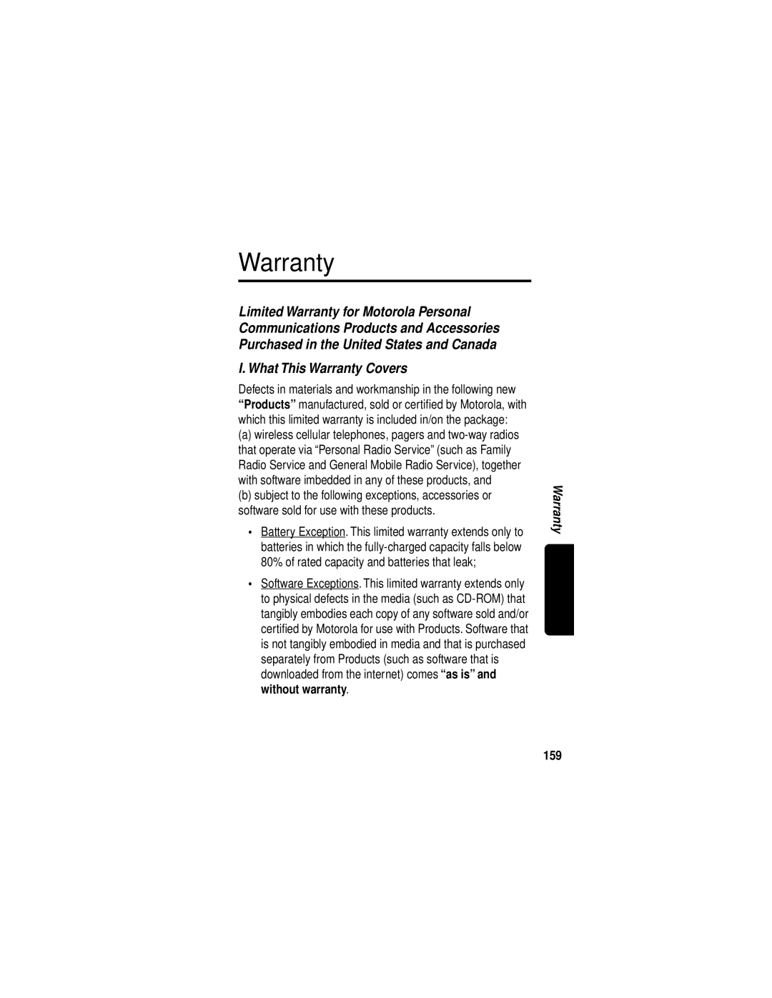 Motorola C331 manual What This Warranty Covers, 159 