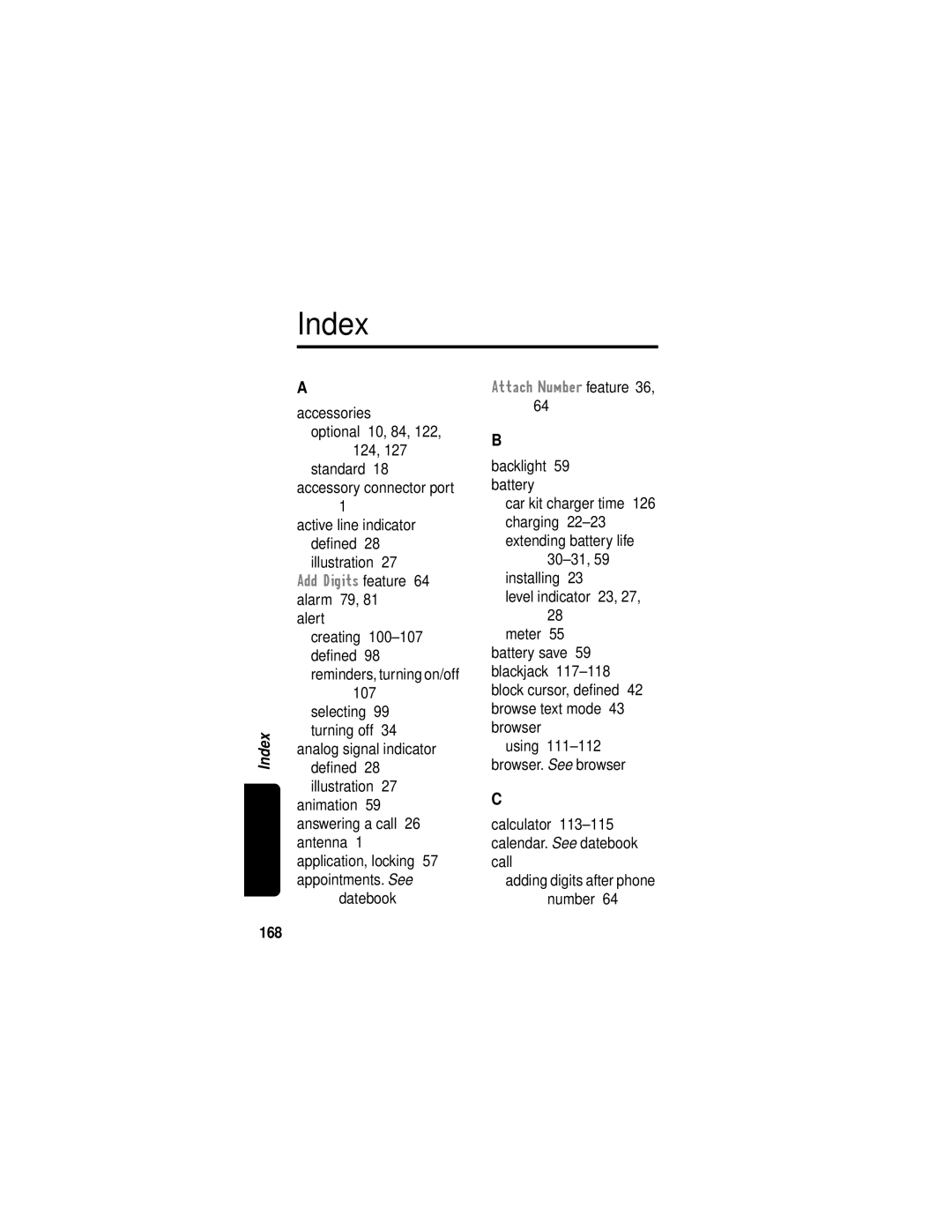 Motorola C331 manual Index, 168 