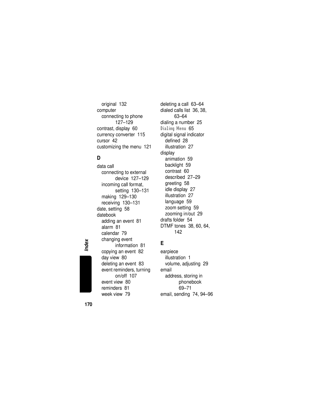 Motorola C331 manual Original 132 computer, Email, sending 74, 170 