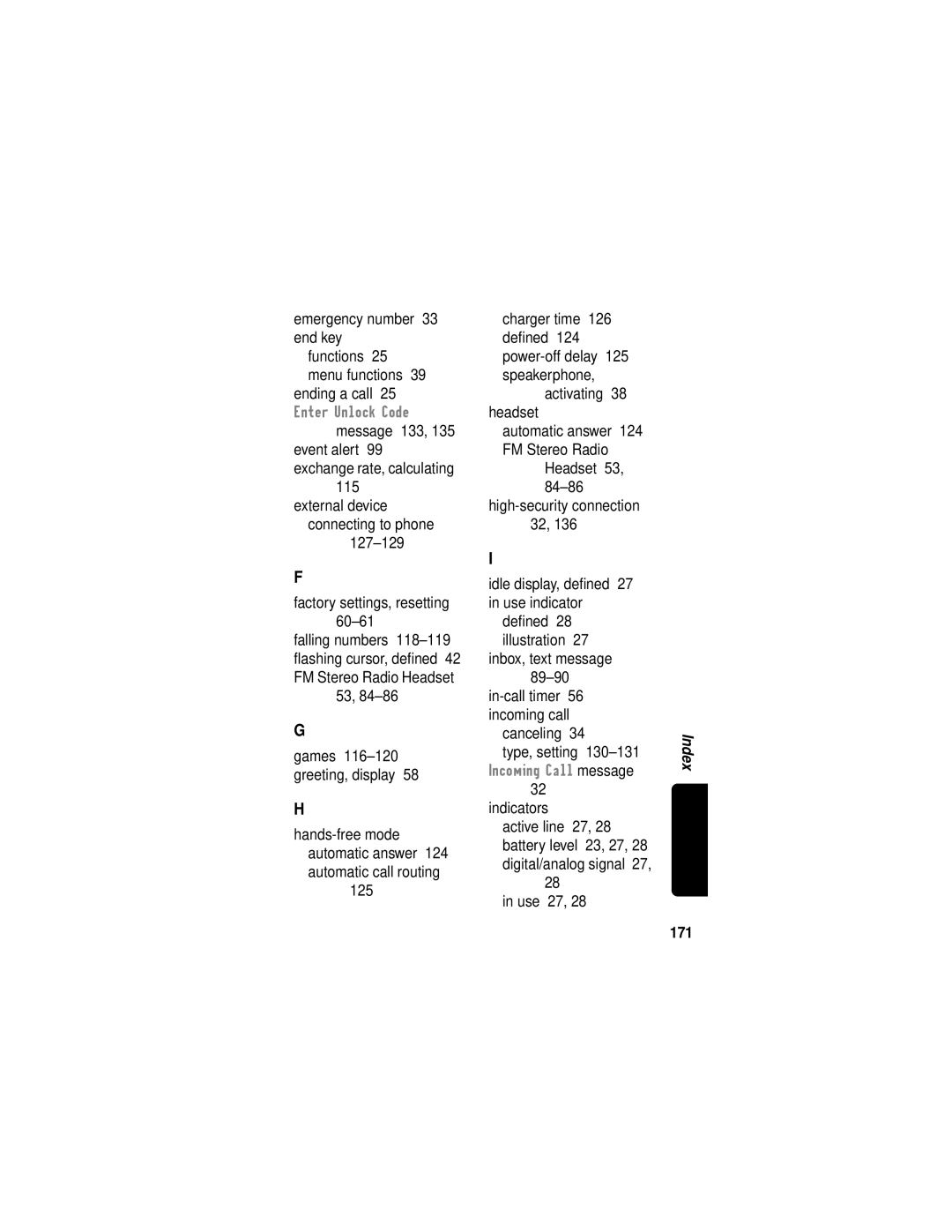 Motorola C331 manual 115, Factory settings, resetting, Indicators, Use 27, 171 