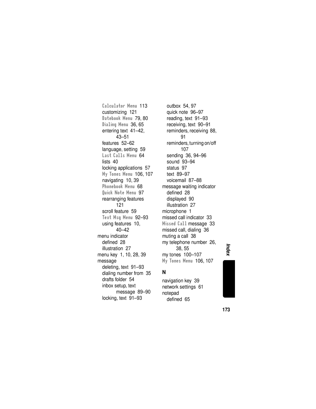 Motorola C331 manual 43-51, Scroll feature, My telephone number 26, 38 My tones, 173 