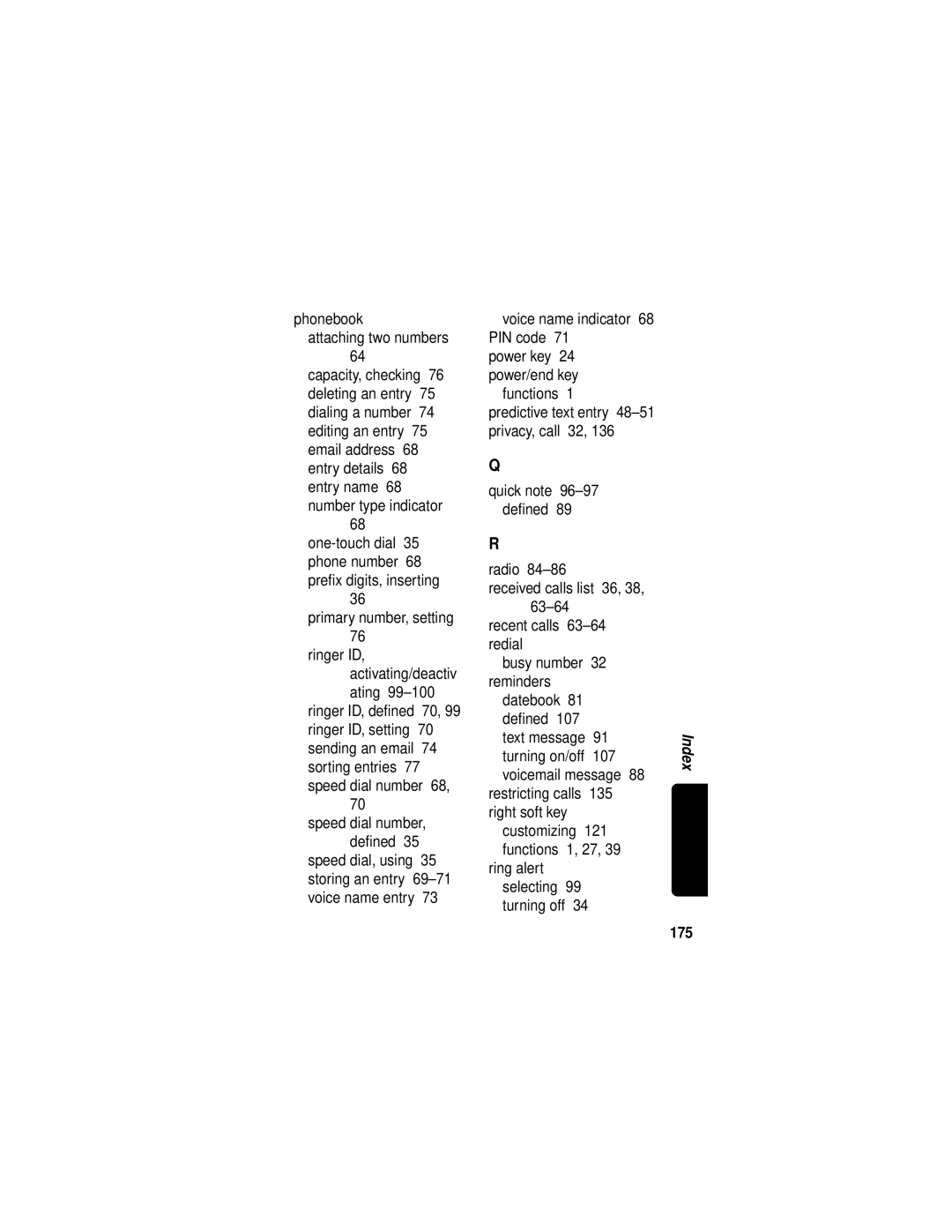 Motorola C331 manual Phonebook Attaching two numbers, Voice name indicator 68 PIN code, 175 