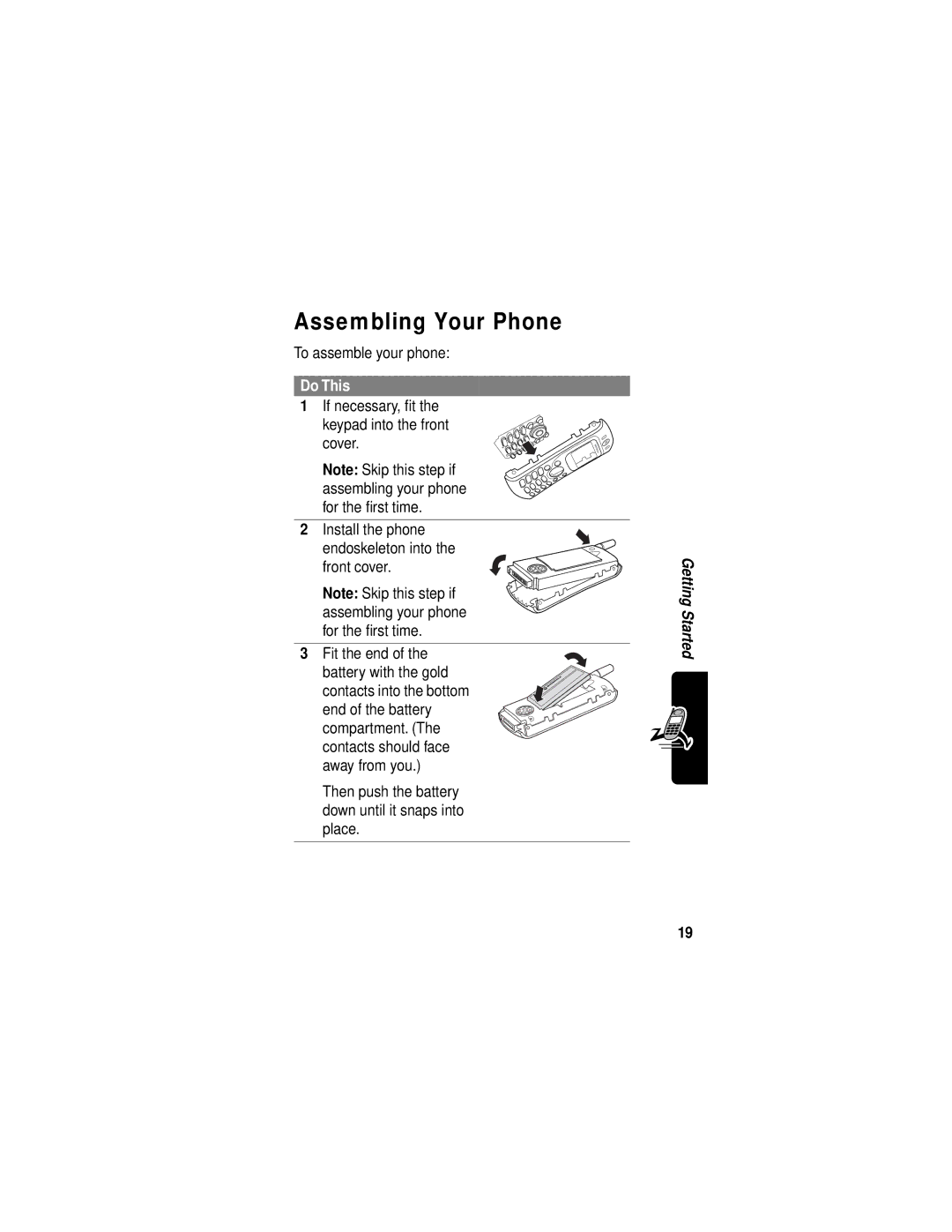 Motorola C331 manual Assembling Your Phone, To assemble your phone, Do This, If necessary, ﬁt Keypad into the front cover 