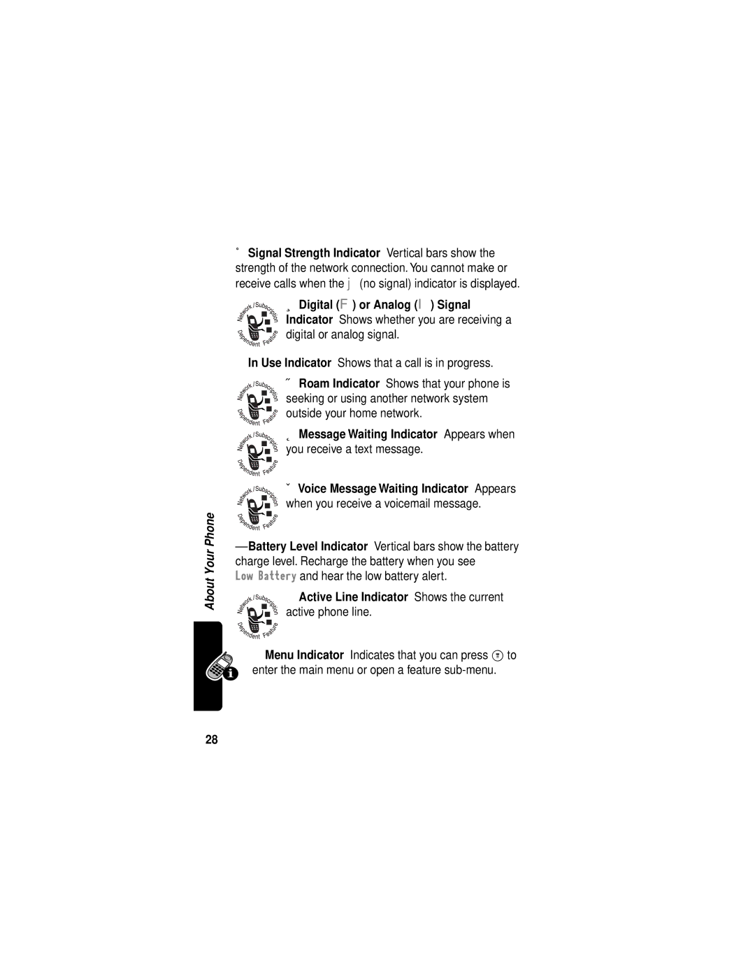 Motorola C331 manual ➊ Signal Strength Indicator Vertical bars show, Low Battery and hear the low battery alert 