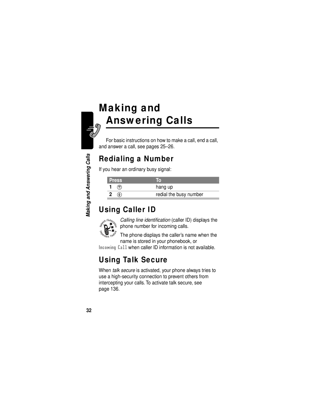 Motorola C331 manual Making and Answering Calls, Redialing a Number, Using Caller ID, Using Talk Secure 