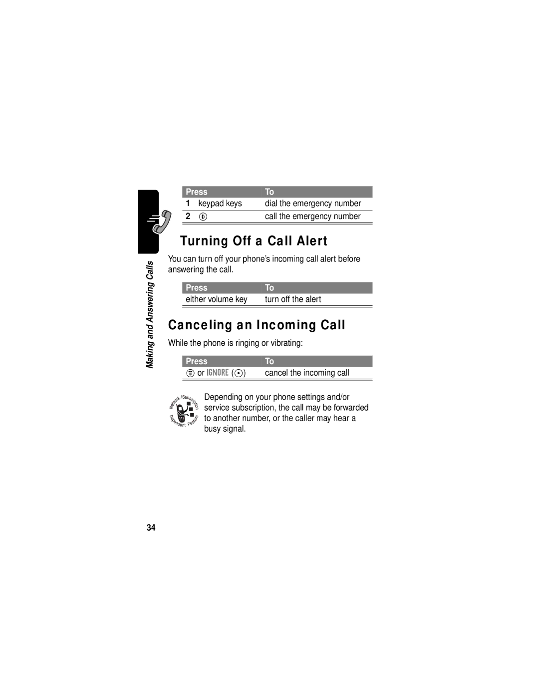 Motorola C331 manual Turning Off a Call Alert, Canceling an Incoming Call, Press Either volume key Turn off the alert 