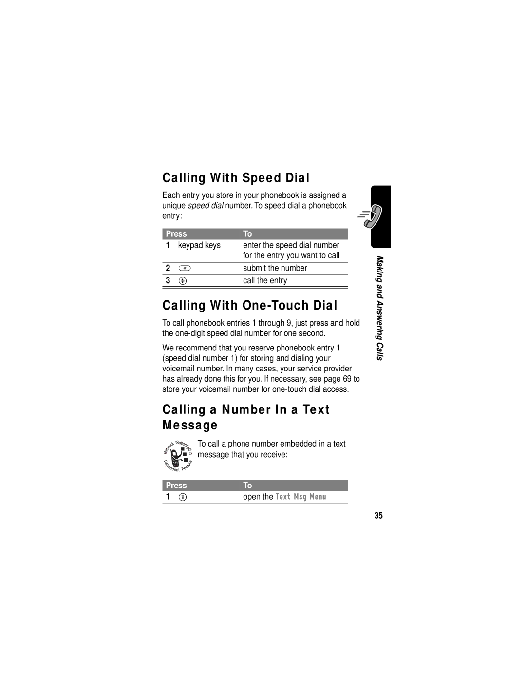 Motorola C331 manual Calling With Speed Dial, Calling With One-Touch Dial, Calling a Number In a Text Message 