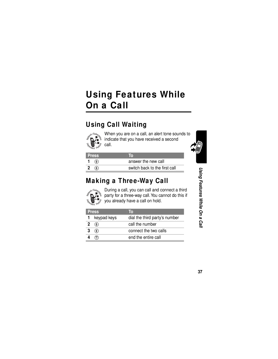 Motorola C331 manual Using Features While On a Call, Using Call Waiting, Making a Three-Way Call 