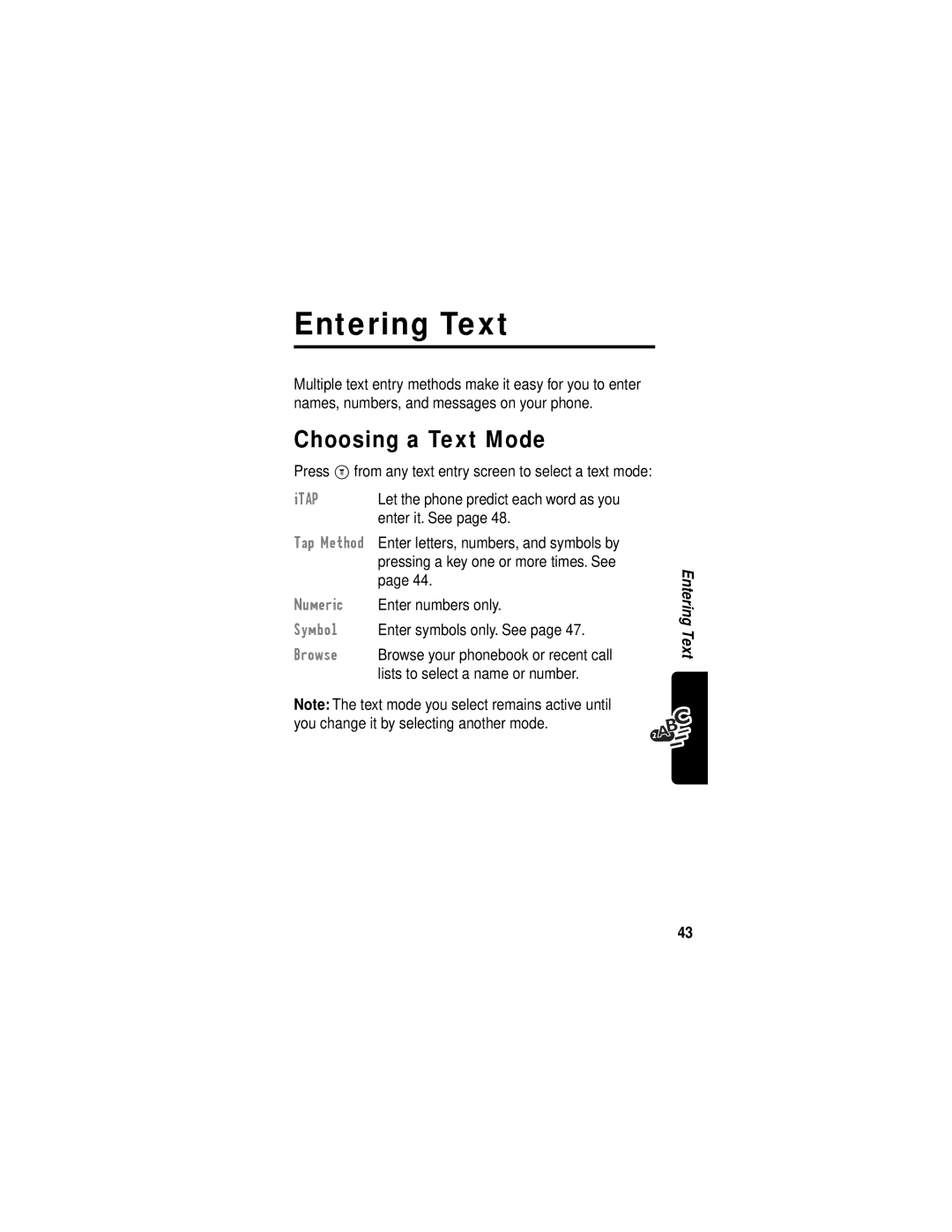 Motorola C331 manual Entering Text, Choosing a Text Mode, Press M from any text entry screen to select a text mode 