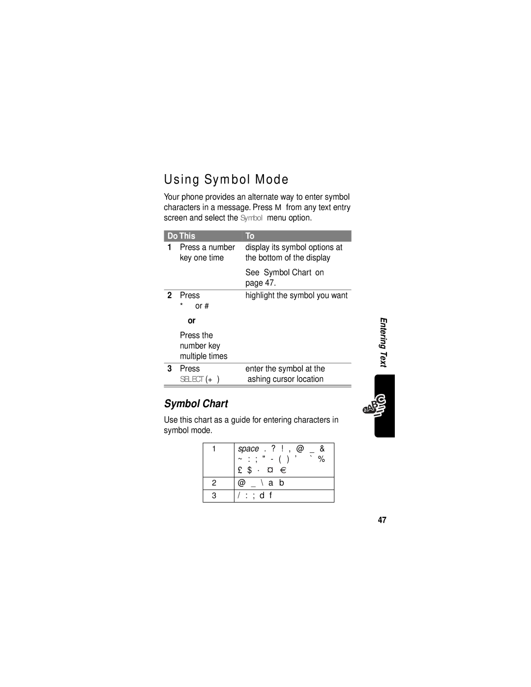 Motorola C331 manual Using Symbol Mode, Symbol Chart, Press a number, Press Number key Multiple times Enter the symbol at 