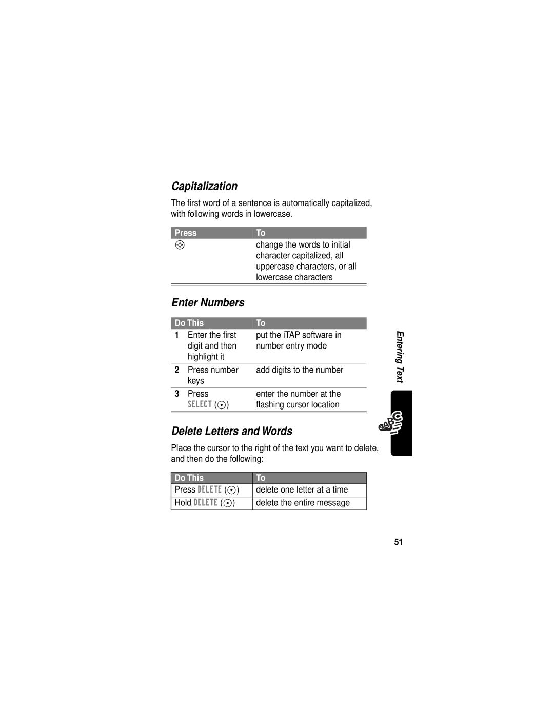 Motorola C331 manual Capitalization, Enter Numbers, Delete Letters and Words 