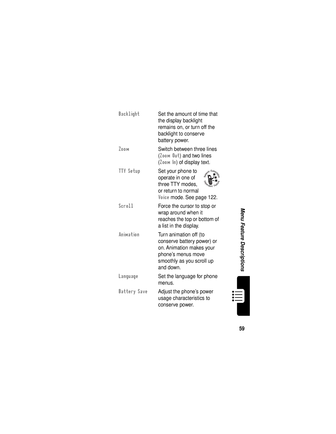 Motorola C331 Display backlight, Backlight to conserve, Battery power, Zoom Out and two lines, Zoom In of display text 