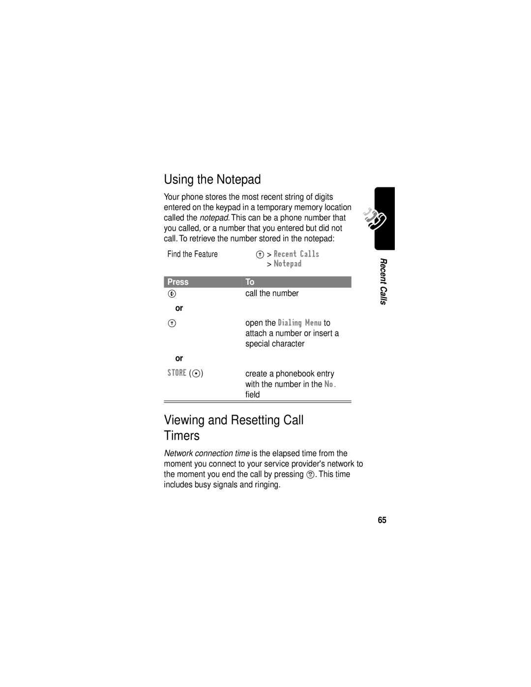 Motorola C331 manual Using the Notepad, Viewing and Resetting Call Timers 