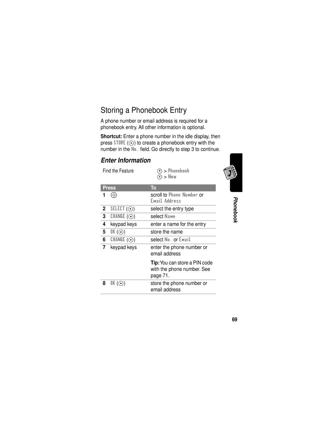 Motorola C331 manual Storing a Phonebook Entry, Enter Information 