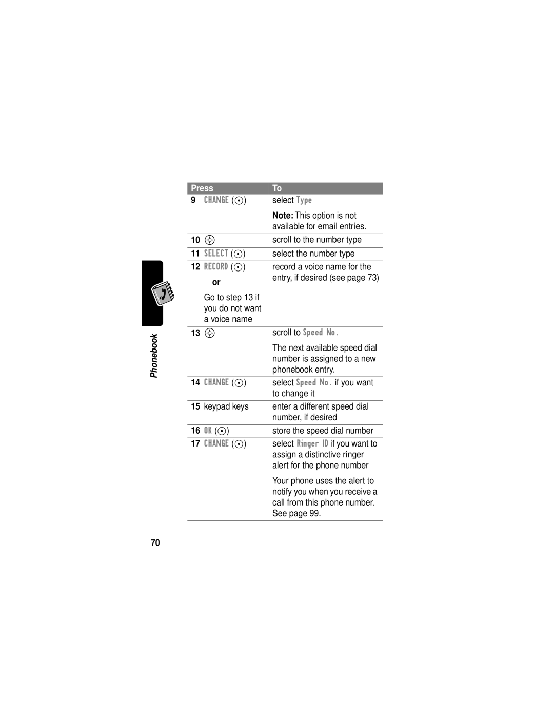 Motorola C331 Select Type, Available for email entries, Scroll to the number type, Select the number type, To change it 