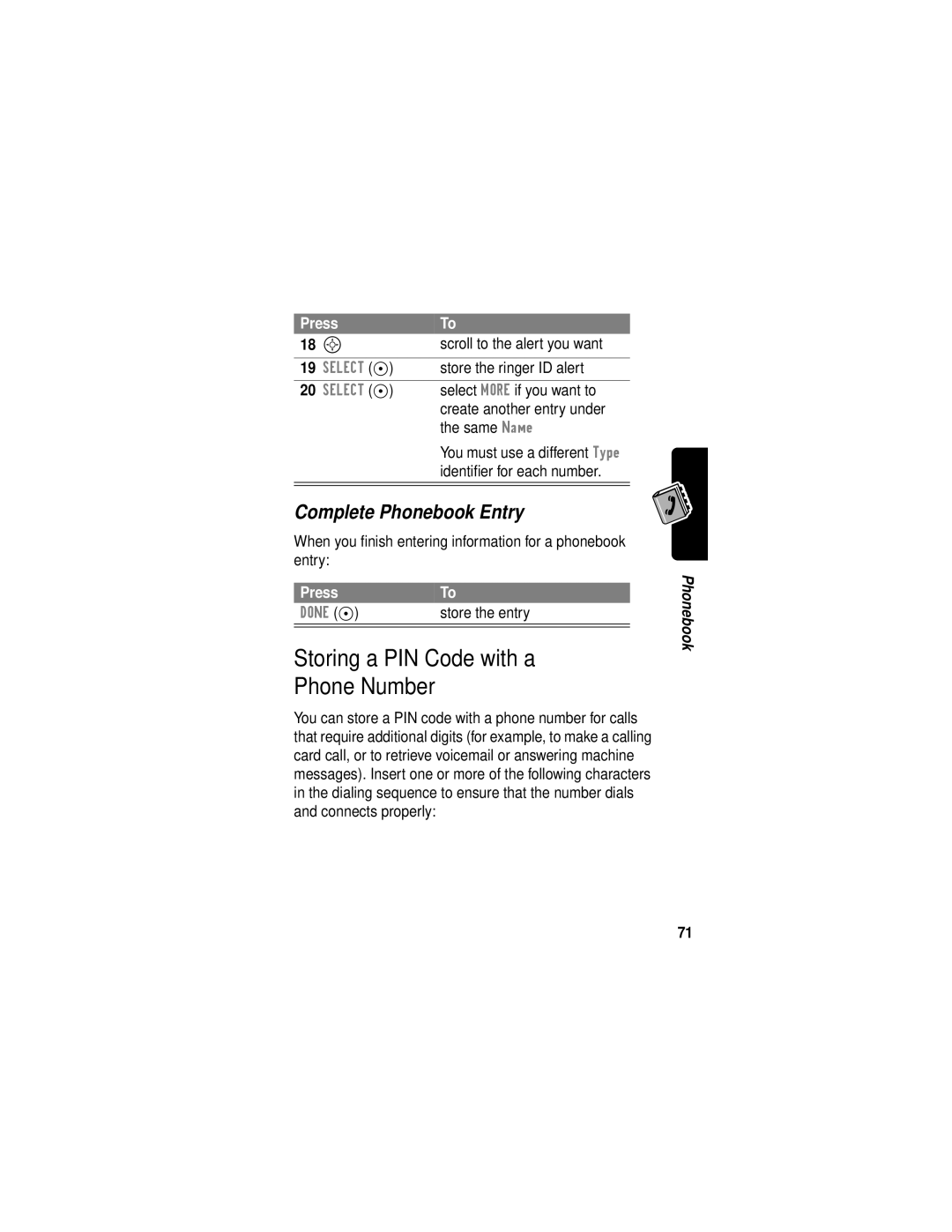 Motorola C331 manual Storing a PIN Code with a Phone Number, Complete Phonebook Entry 