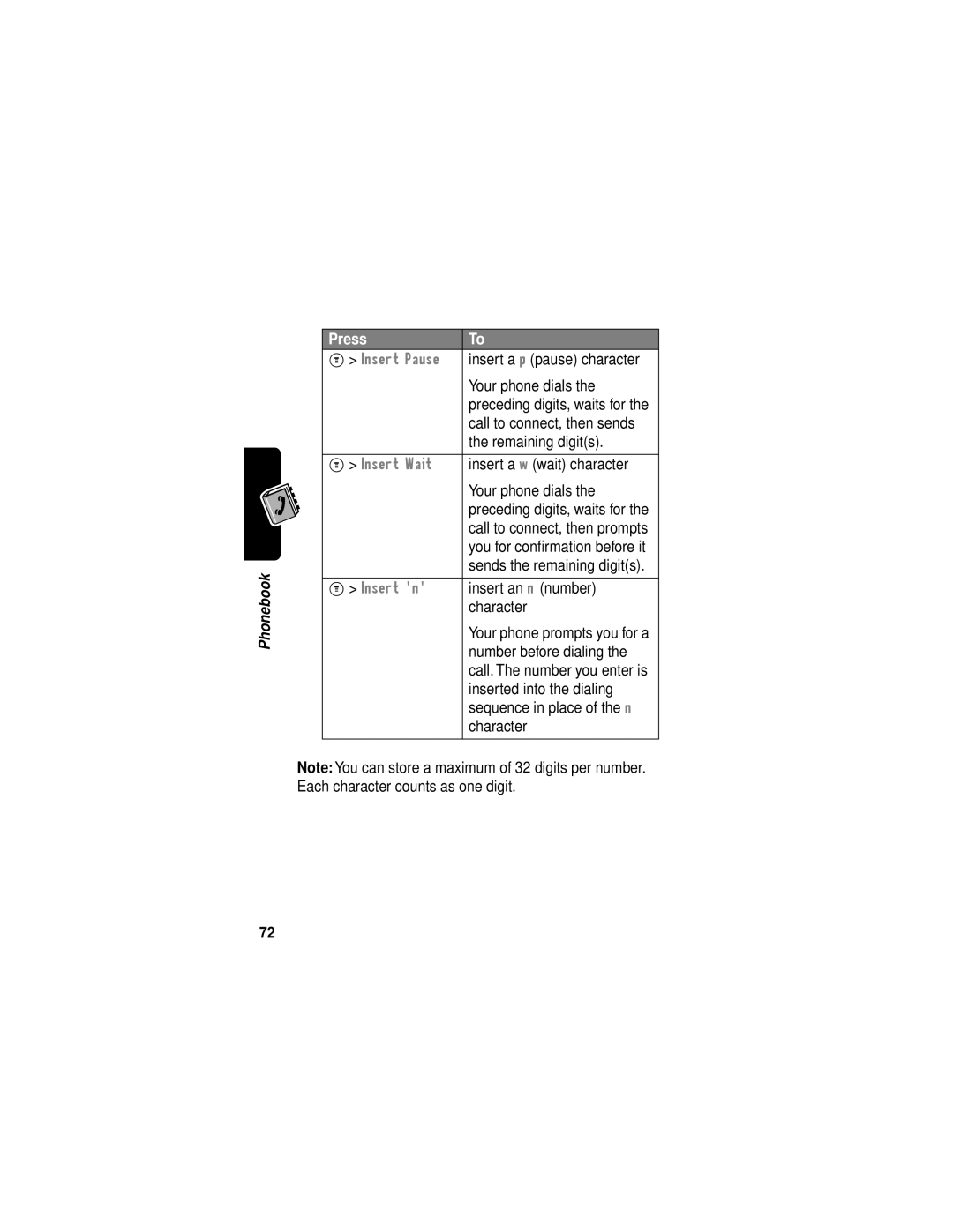 Motorola C331 manual Insert a p pause character, Your phone dials, Call to connect, then sends, Remaining digits, Character 