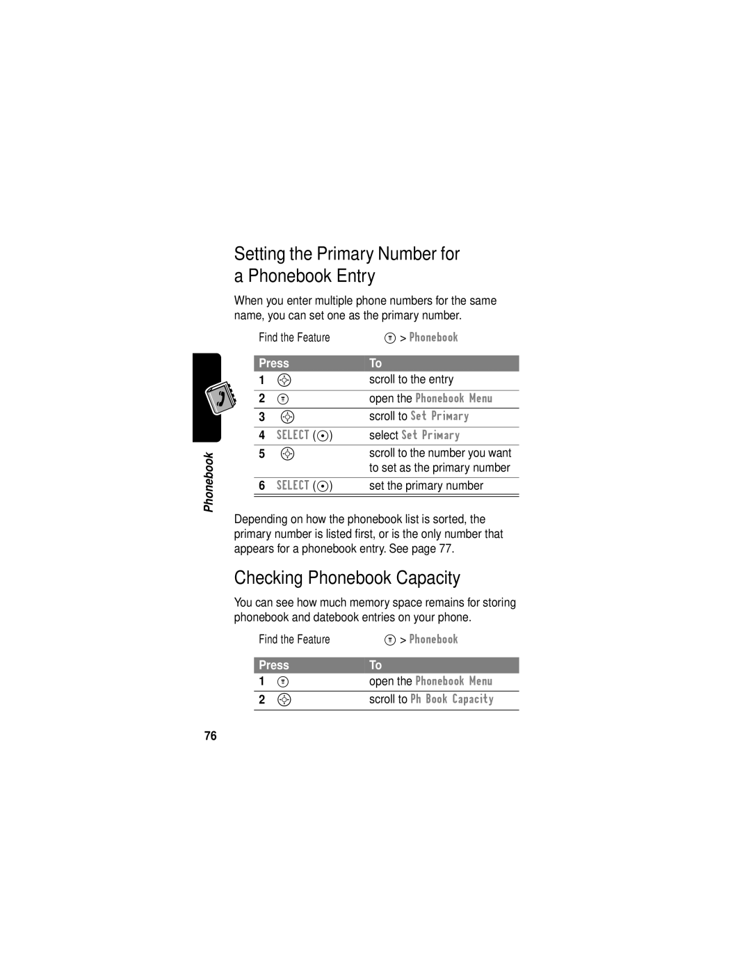 Motorola C331 manual Setting the Primary Number for a Phonebook Entry, Checking Phonebook Capacity, Set the primary number 