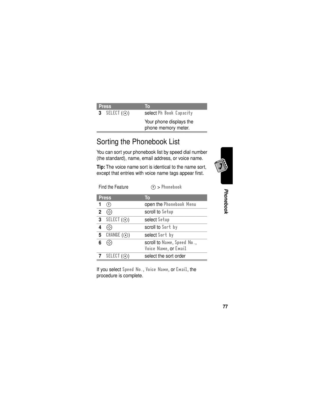 Motorola C331 manual Sorting the Phonebook List 