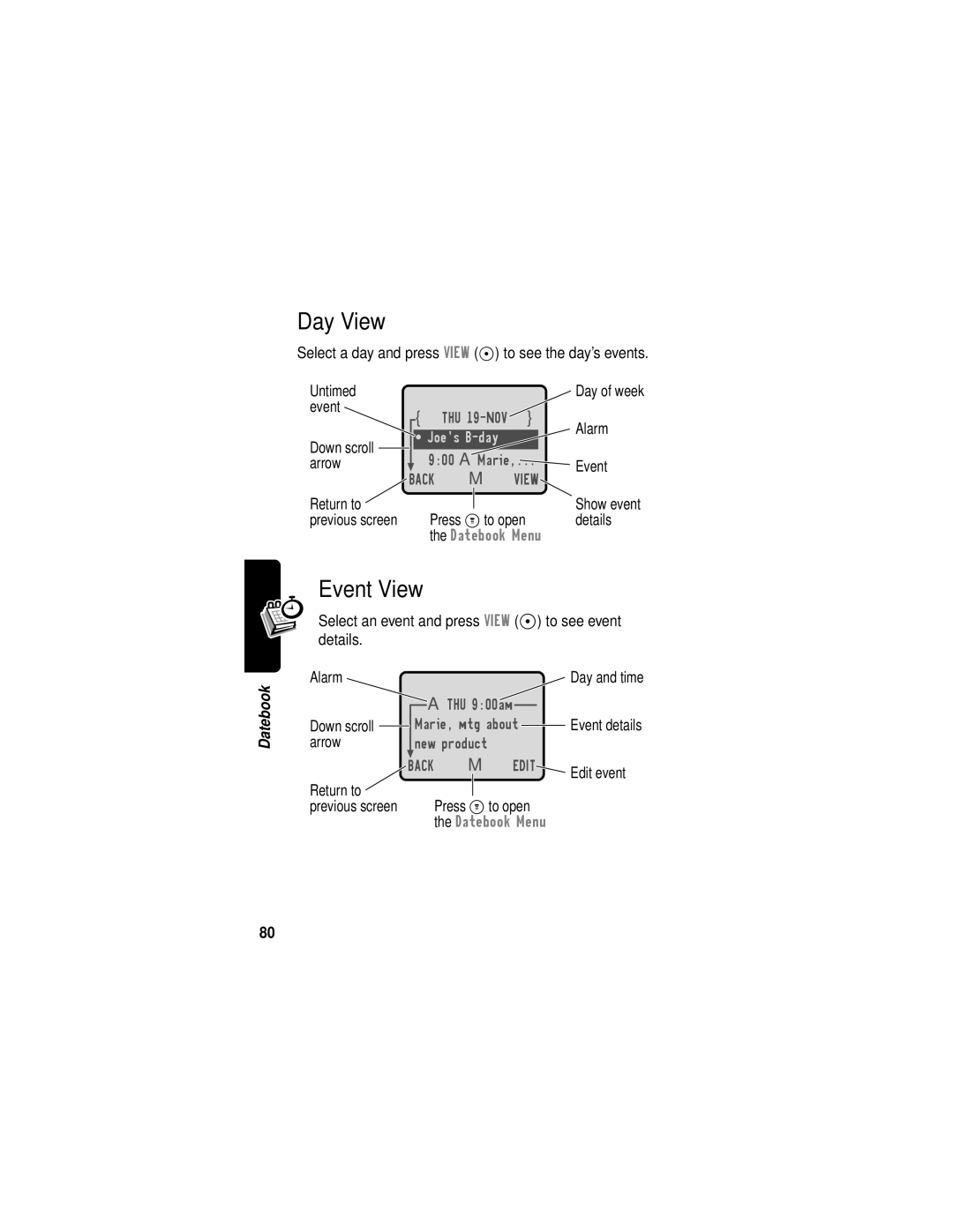 Motorola C331 manual Day View, Event View 